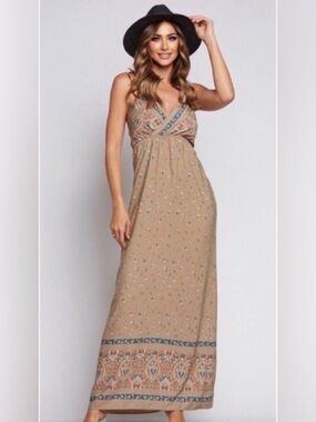 New Bohemian Floral Tan Summer Maxi Dress